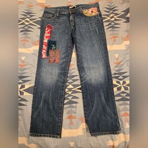 CABI Boyfriend Cropped Embroidered Patchwork Blue Jeans Size: 4